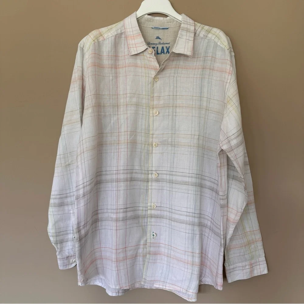 Tommy Bahama Relax 100% Linen Long Sleeve Button Shirt Men XL White Plaid Beach